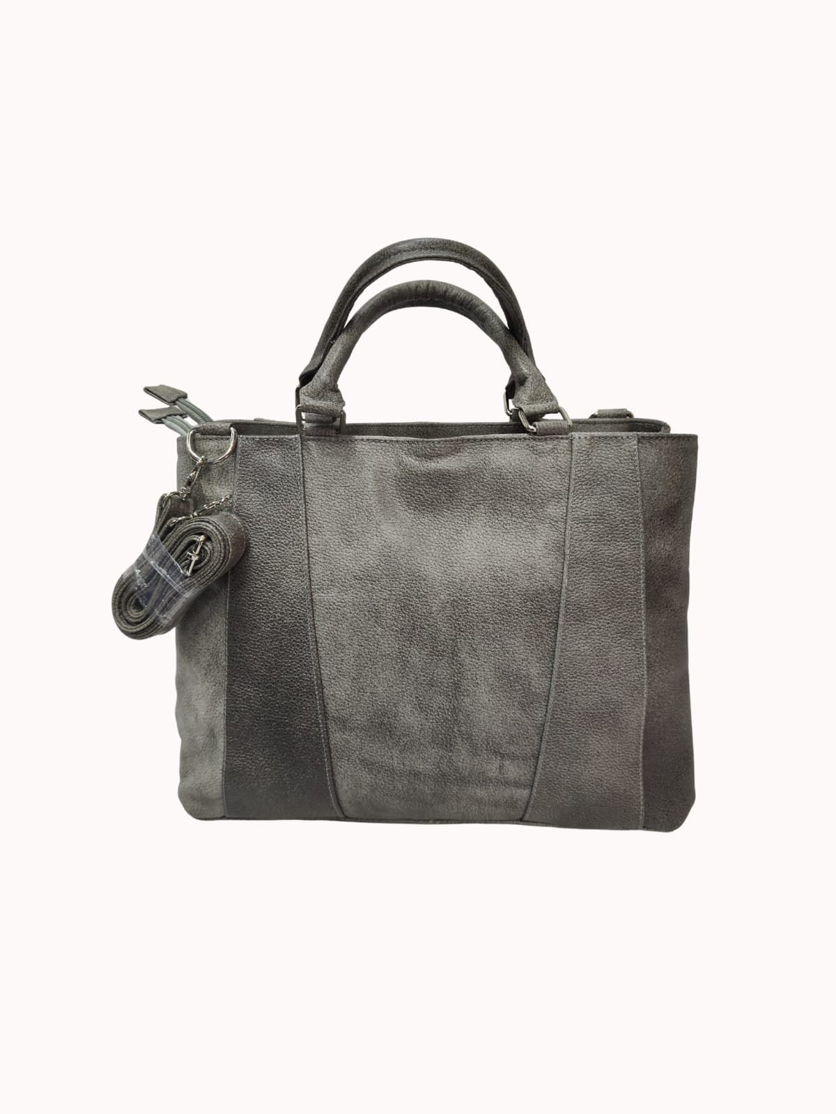Bolso grande gris de piel genuina de res con asas y correa ajustable
