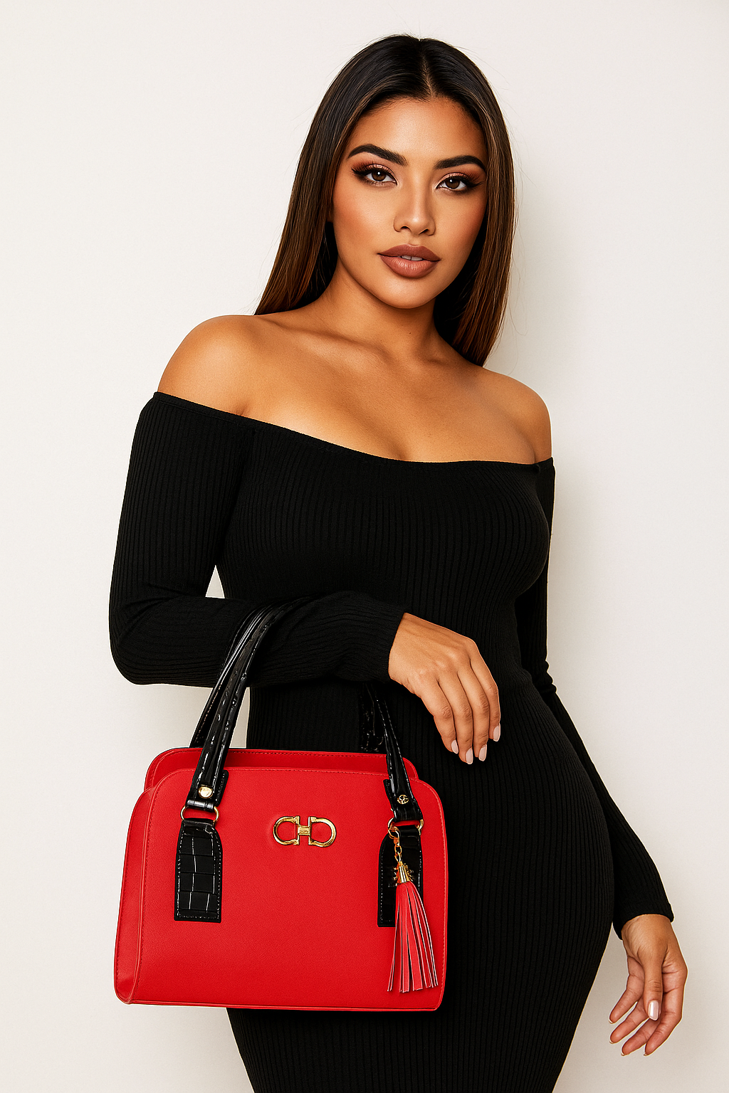 "Bolsa de Mano Roja con Asa Negra y Colgante de Flecos – Elegante y Moderna"