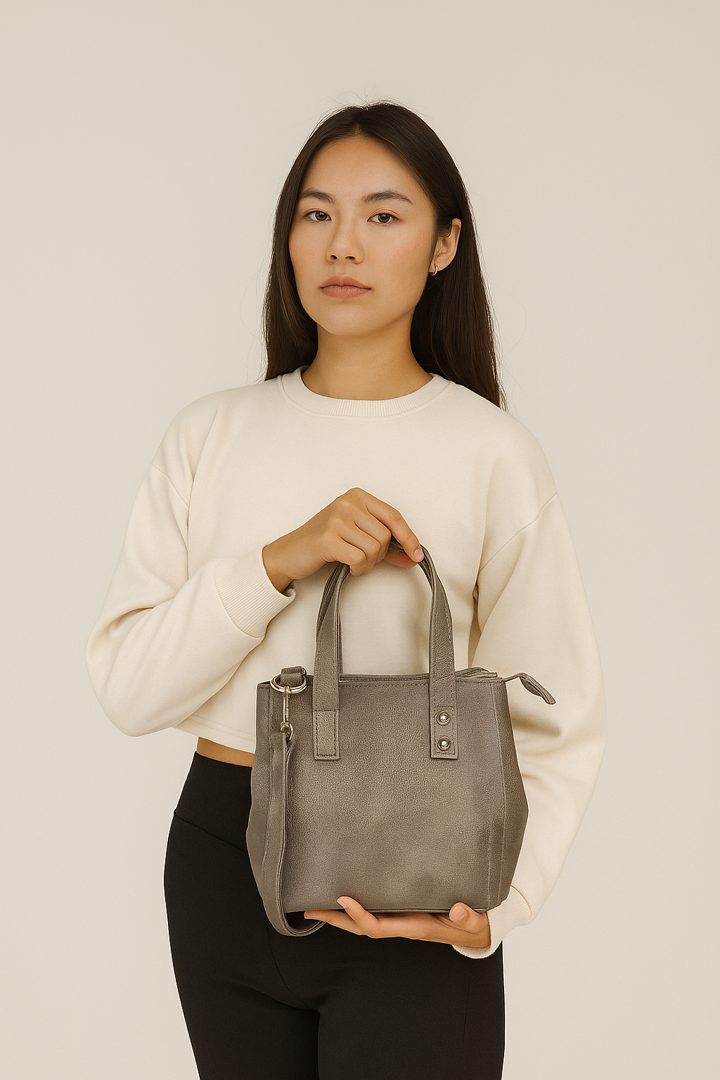 Bolso gris pequeño de piel genuina de res con asas y correa ajustable
