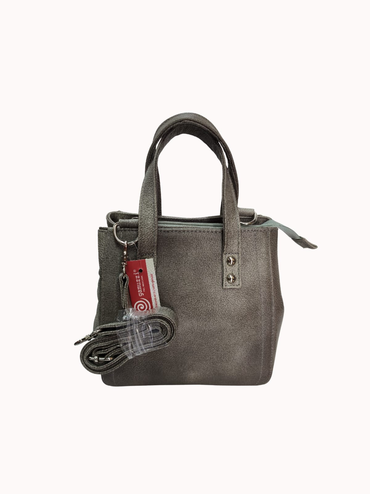 Bolso gris pequeño de piel genuina de res con asas y correa ajustable